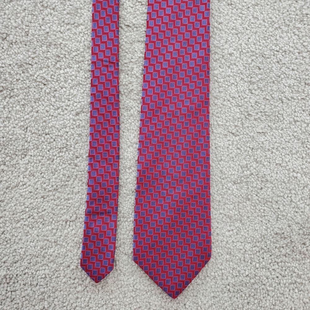 Donna Karan Signature Mens‎ Tie Red Blue Geometric Square Pattern 9876